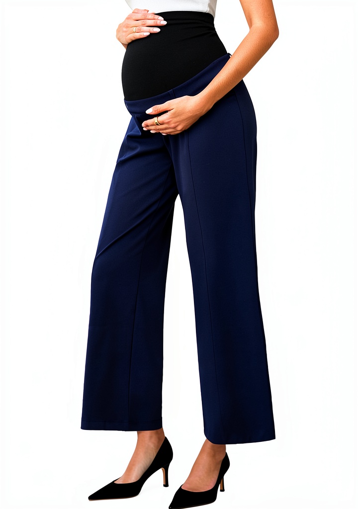 Maternity work pants with built-in belly support in an office setting