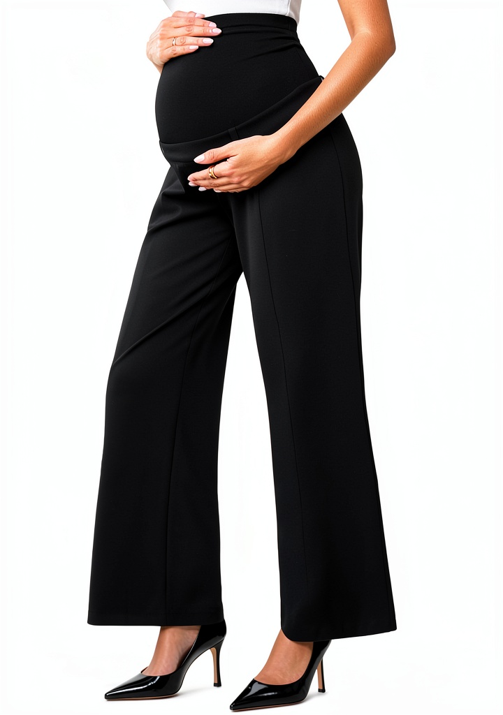 Maternity work pants with built-in belly support in an office setting