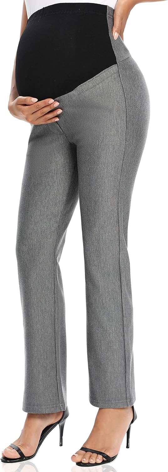 Maternity work pants styled with a blouse in a modern office setting