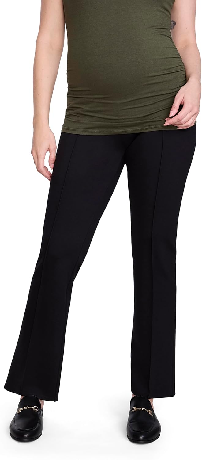 Motherhood Maternity black ponte flare pants worn in a professional office setting